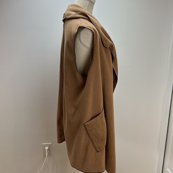 Le Moda Open Front Fleece Vest Cardigan Long Line Camel Soft Pockets Lagenlook - Picture 6 of 14